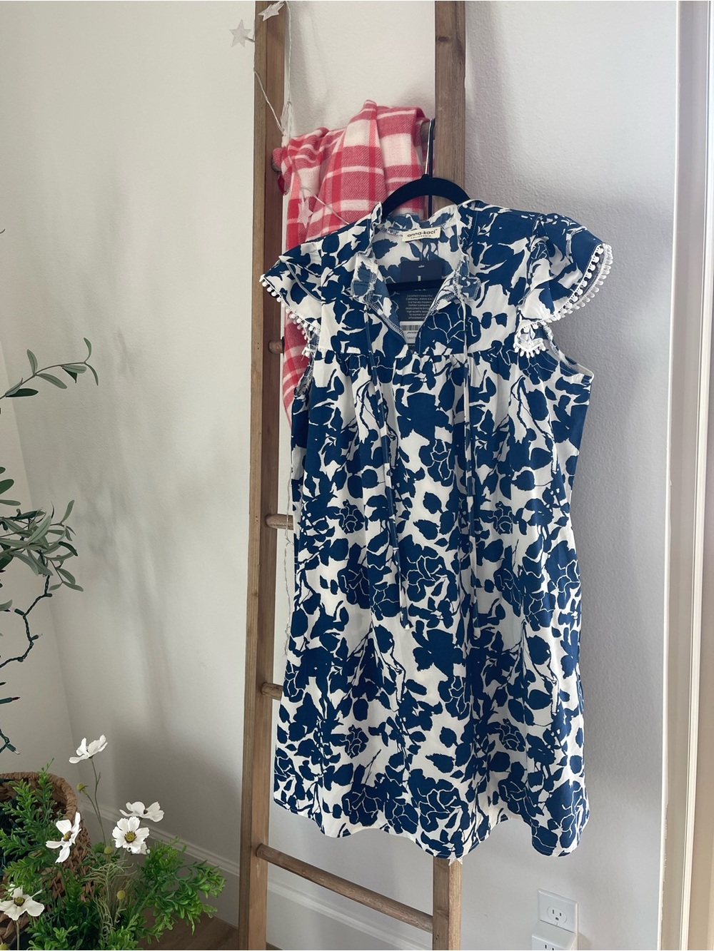 Blue and White Floral Mini Dress with Pom-Pom Trim